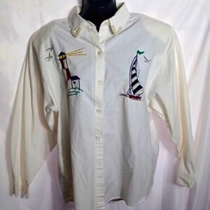 Vintage Jane Ashley Cotton Embroidered Long Sleeve Button Up Size Large